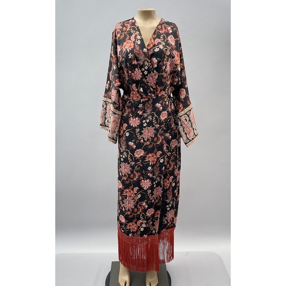 Mango MNG Floral Fringe Maxi Kimono Dress Bell Sleeve Black Red Women's Size 6 - Picture 6 of 16